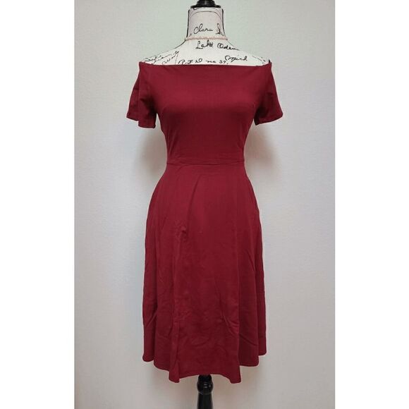 ❤️ Off Shoulder Short Sleeve Cocktail Burgundy Dress with Pockets SIZES M, L NEW - Picture 15 of 16